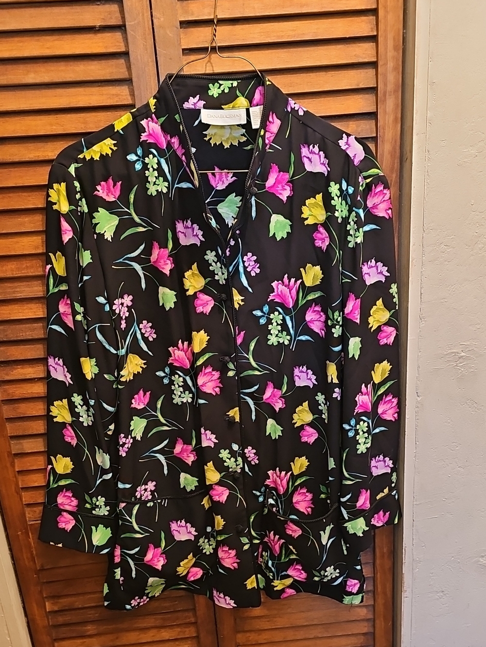 Dana Buchman Black Button-Down Shirt with Pink, Yellow & Green Floral Print